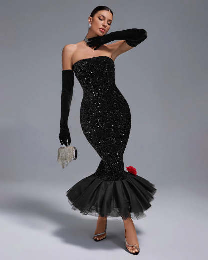 Black Strapless Full Sequins Barbie Rube Ruffle Siren Midi Dress With Gloves | Mix Mix Style
