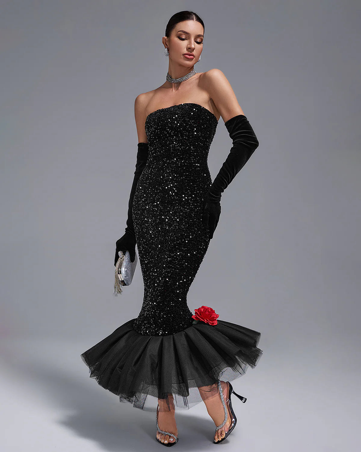 Black Strapless Full Sequins Barbie Rube Ruffle Siren Midi Dress With Gloves | Mix Mix Style