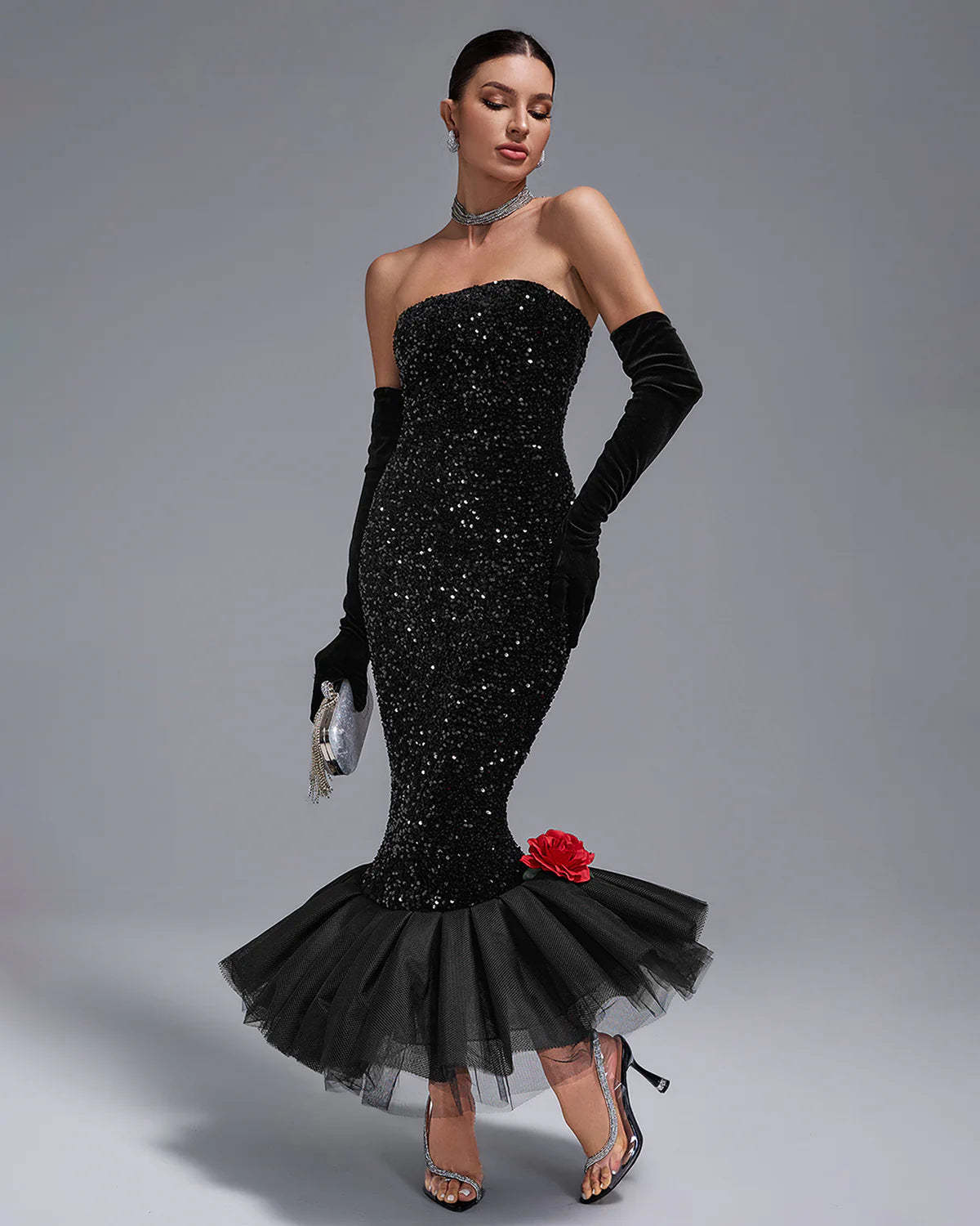 Black Strapless Full Sequins Barbie Rube Ruffle Siren Midi Dress With Gloves | Mix Mix Style
