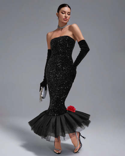 Black Strapless Full Sequins Barbie Rube Ruffle Siren Midi Dress With Gloves | Mix Mix Style