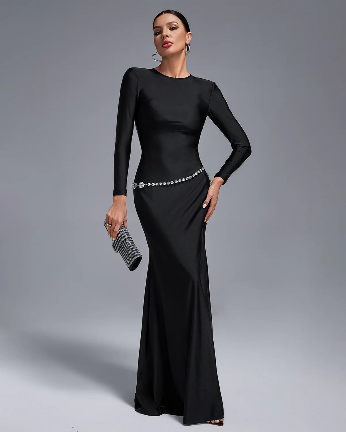 Black Long Sleeve Crystal Belt Cutout Backless Evening Party Maxi Dress | Mix Mix Style