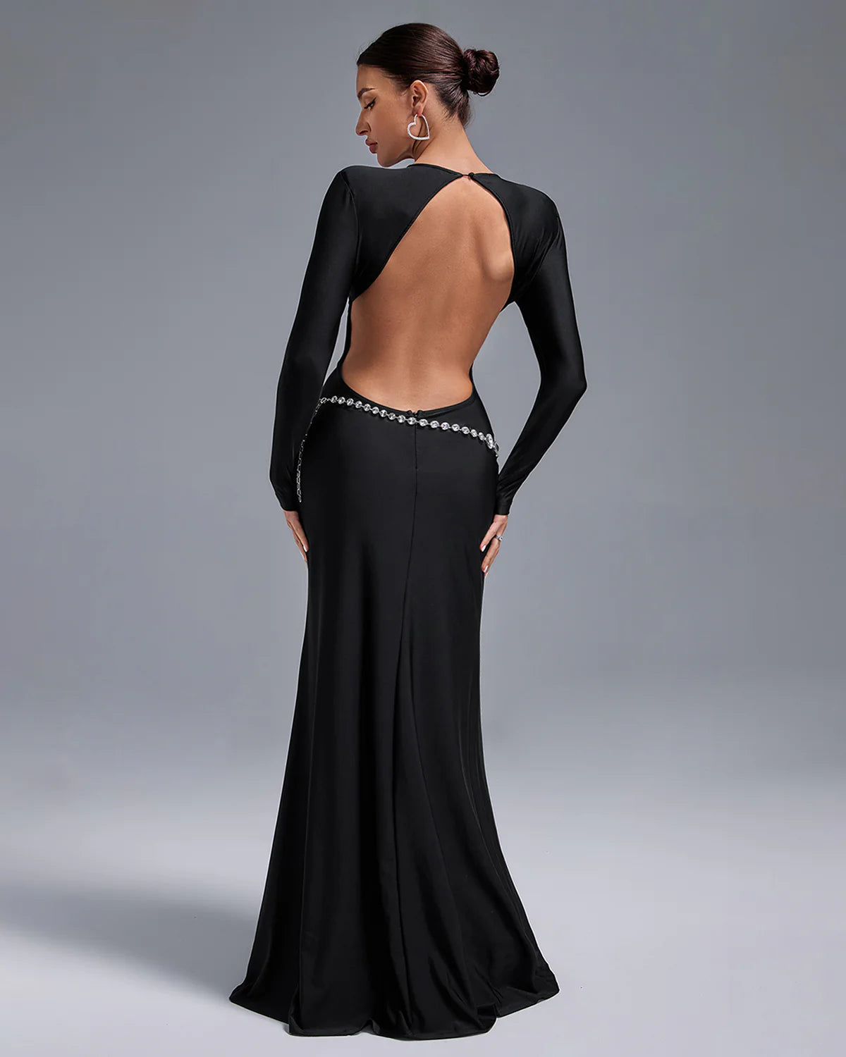 Black Long Sleeve Crystal Belt Cutout Backless Evening Party Maxi Dress | Mix Mix Style