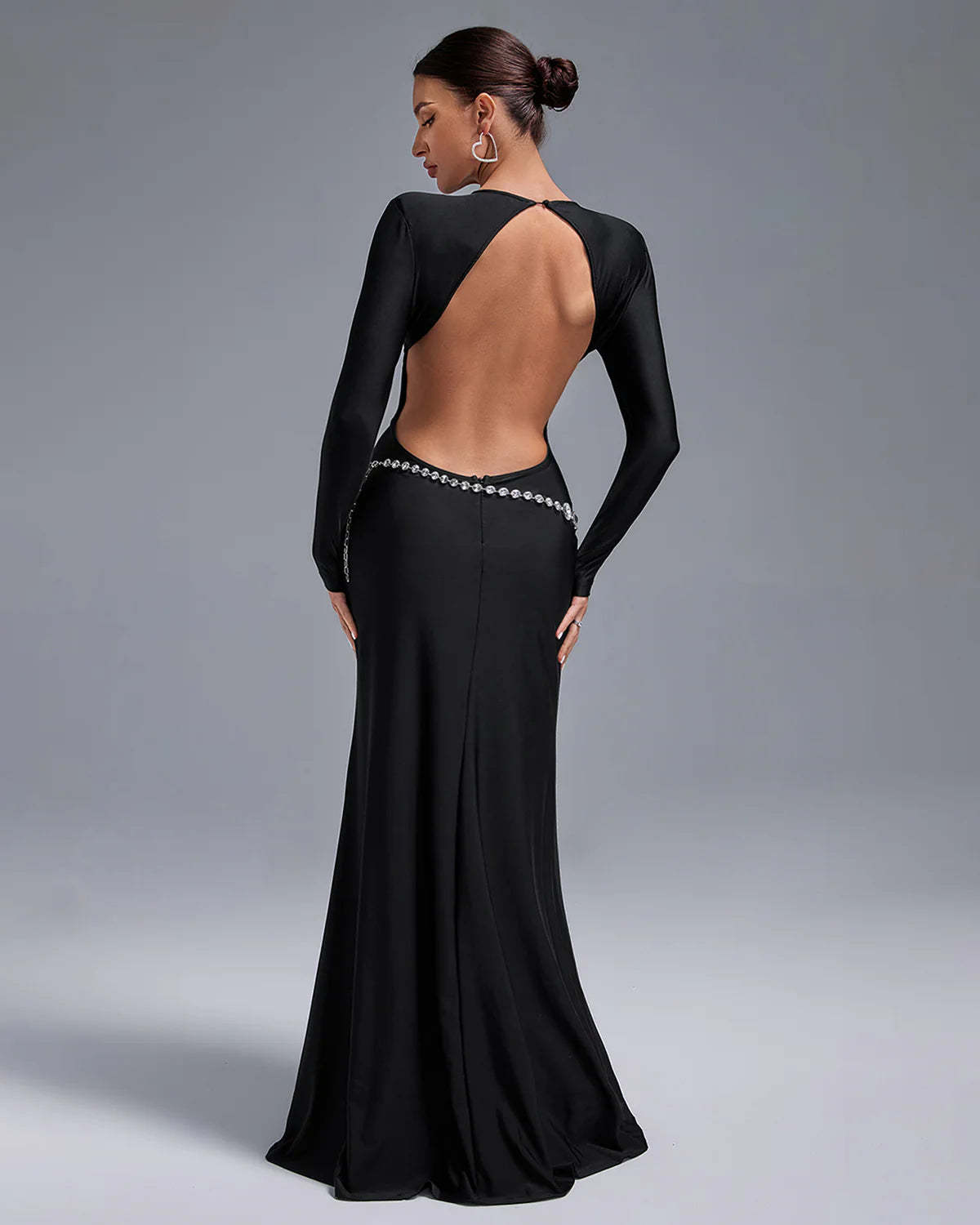 Black Long Sleeve Crystal Belt Cutout Backless Evening Party Maxi Dress | Mix Mix Style-Mix MIx Style