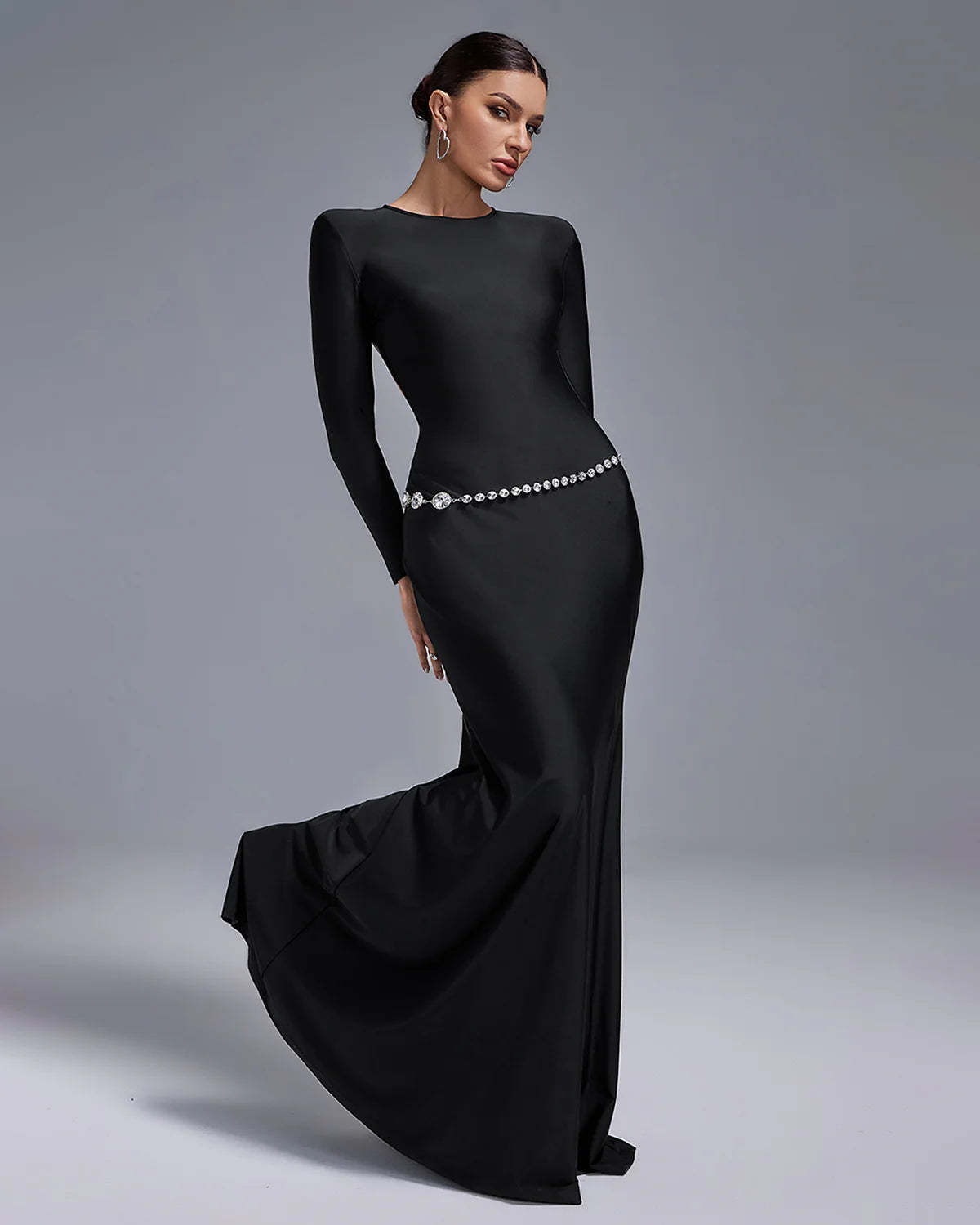 Black Long Sleeve Crystal Belt Cutout Backless Evening Party Maxi Dress | Mix Mix Style