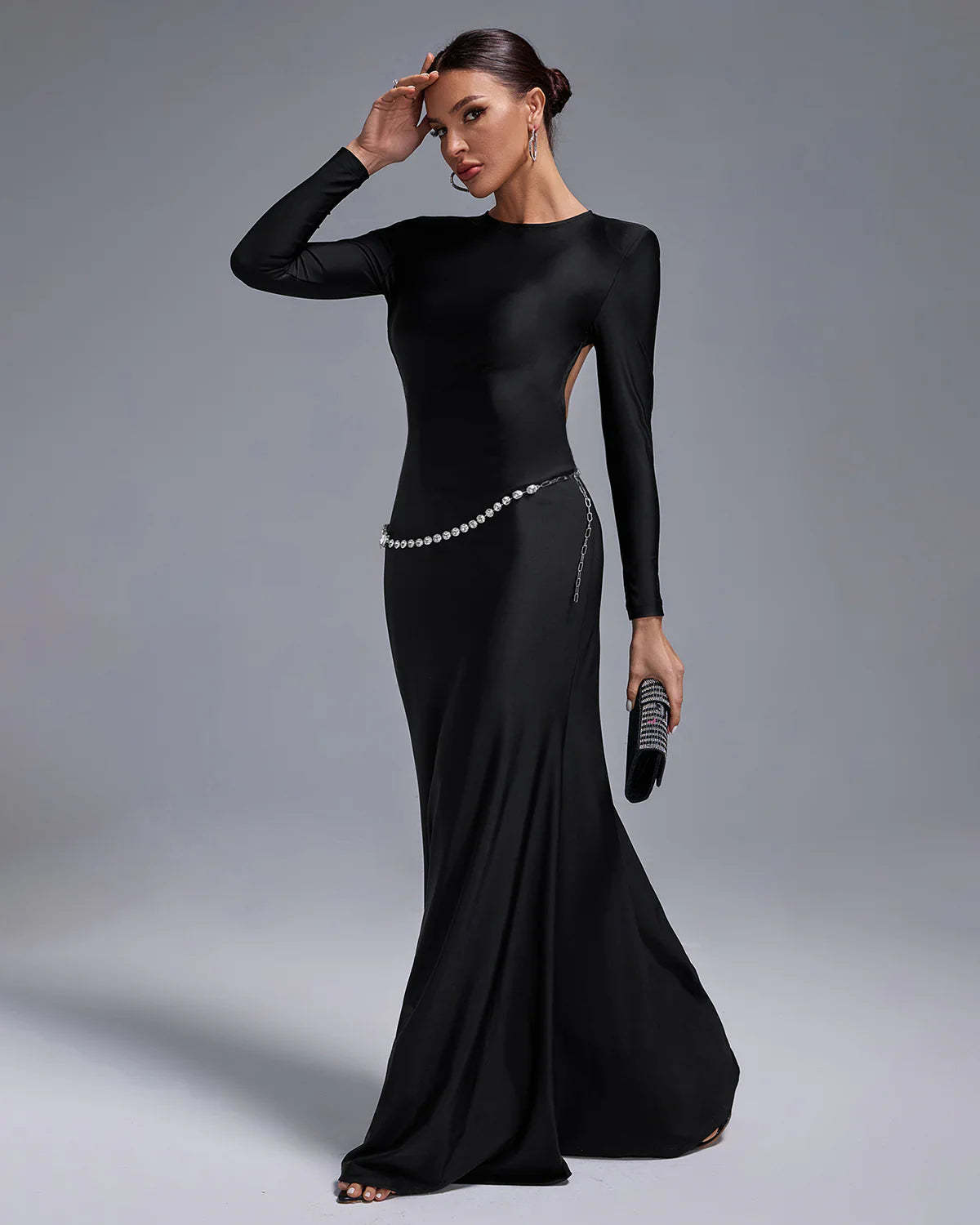 Black Long Sleeve Crystal Belt Cutout Backless Evening Party Maxi Dress | Mix Mix Style
