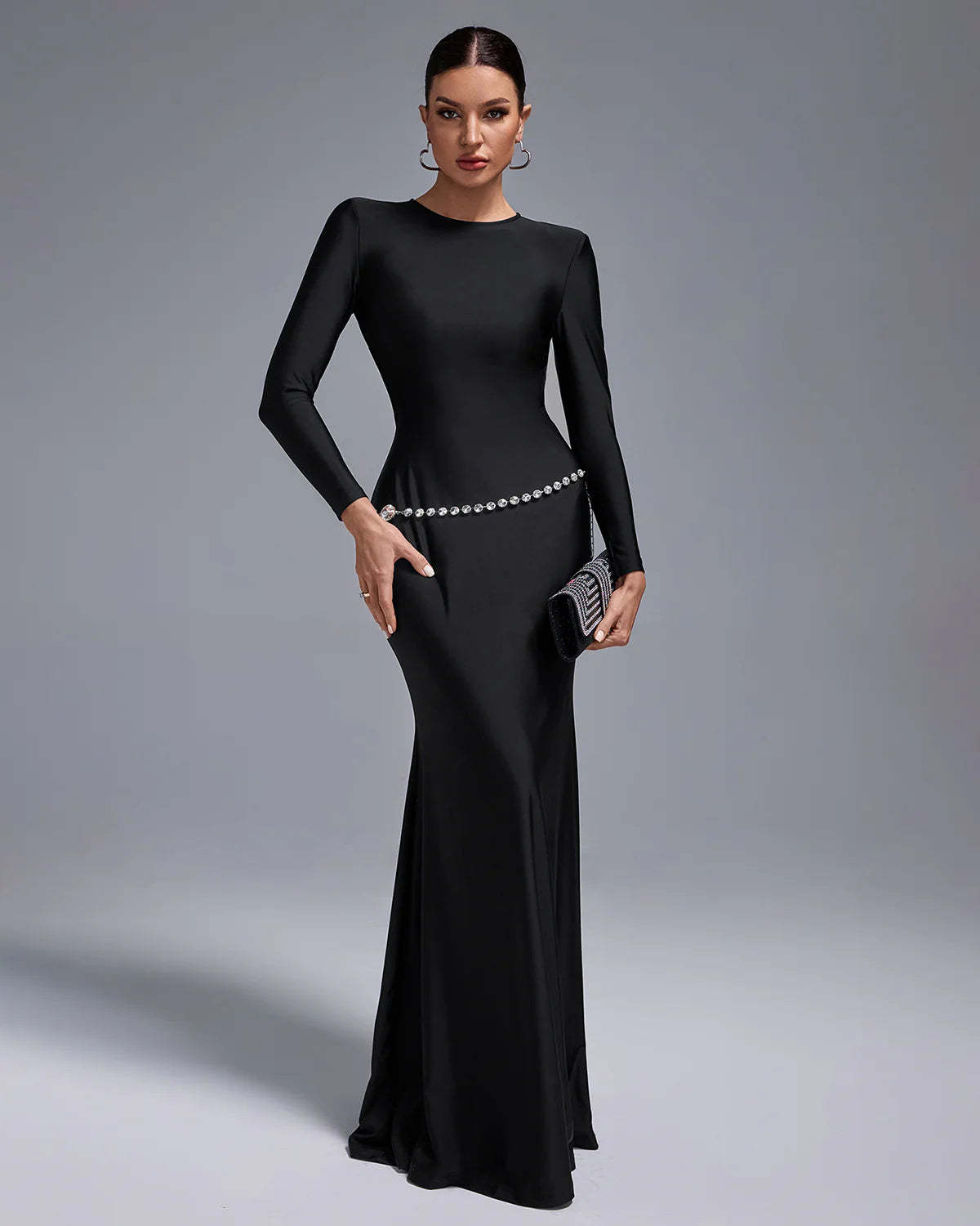 Black Long Sleeve Crystal Belt Cutout Backless Evening Party Maxi Dress | Mix Mix Style