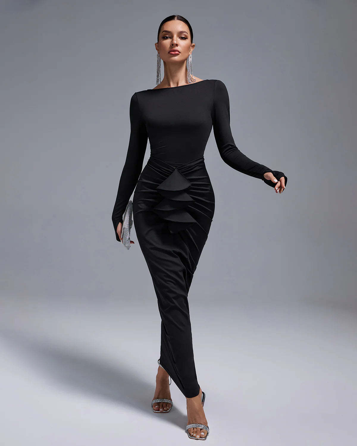 Black Long Sleeve Ruched Skirt Round Neck Open Back ruffle Bodycon maxi dress | Mix Mix Style