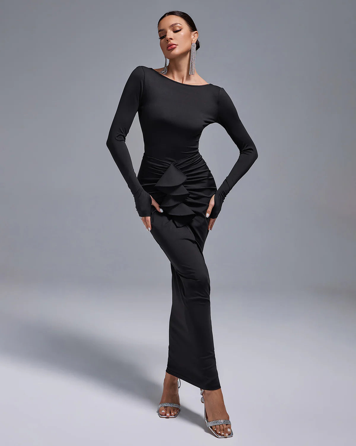 Black Long Sleeve Ruched Skirt Round Neck Open Back ruffle Bodycon maxi dress | Mix Mix Style