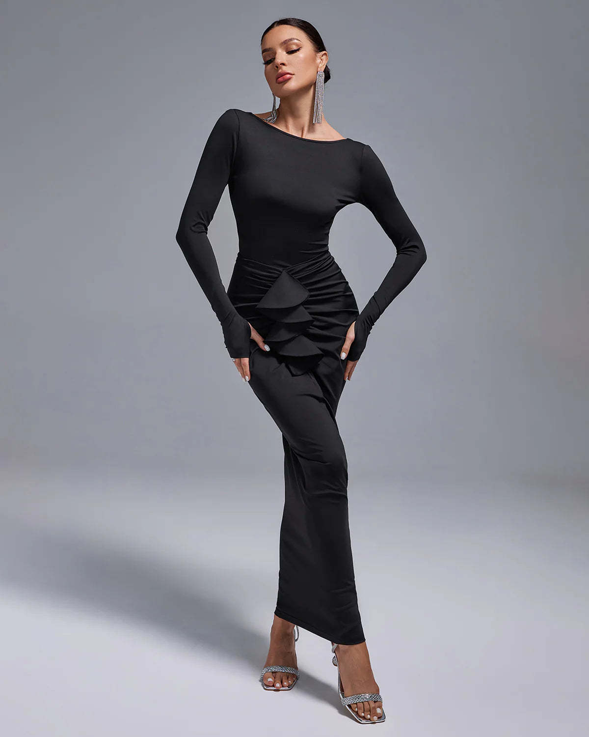 Black Long Sleeve Ruched Skirt Round Neck Open Back ruffle Bodycon maxi dress | Mix Mix Style-Mix MIx Style