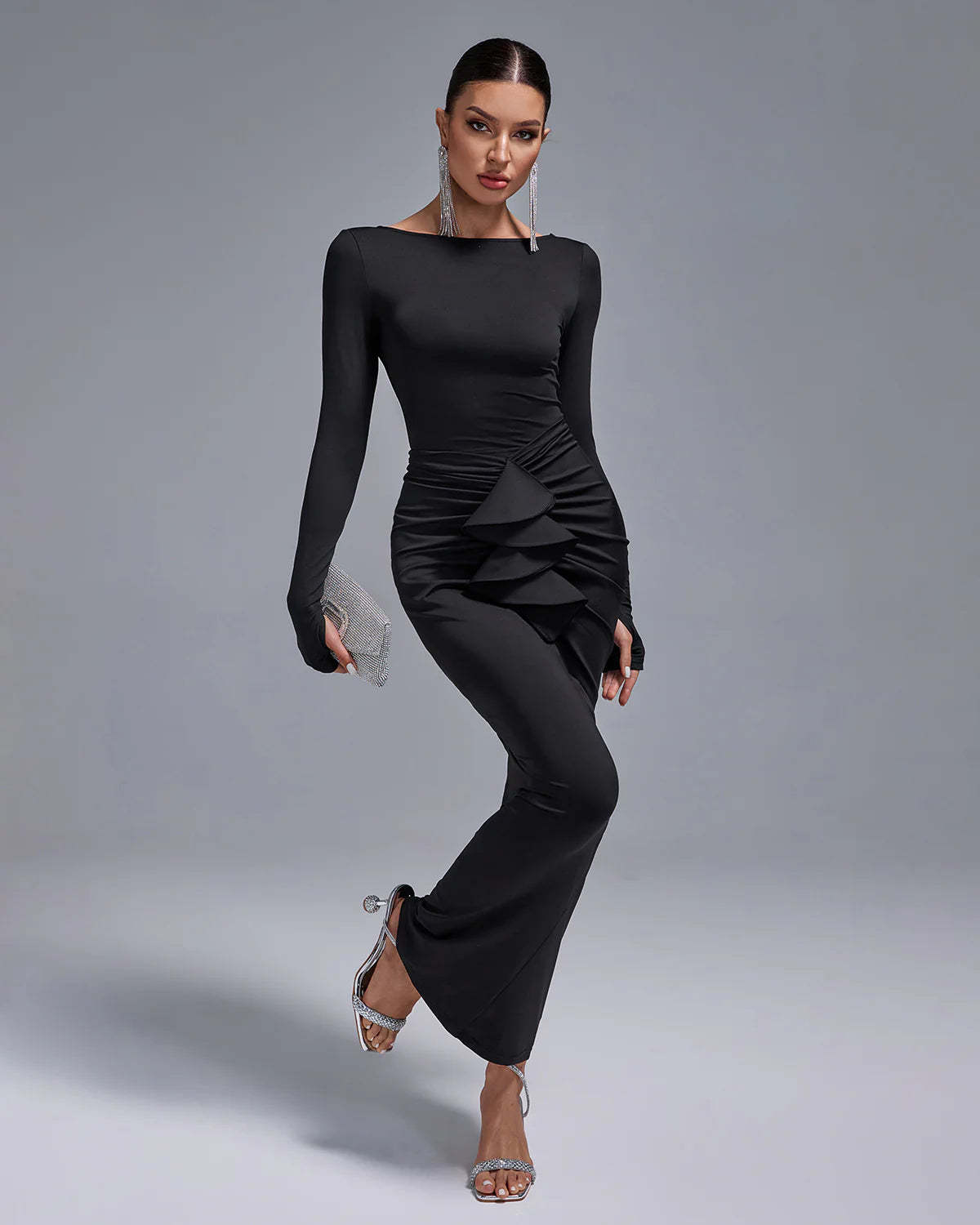 Black Long Sleeve Ruched Skirt Round Neck Open Back ruffle Bodycon maxi dress | Mix Mix Style