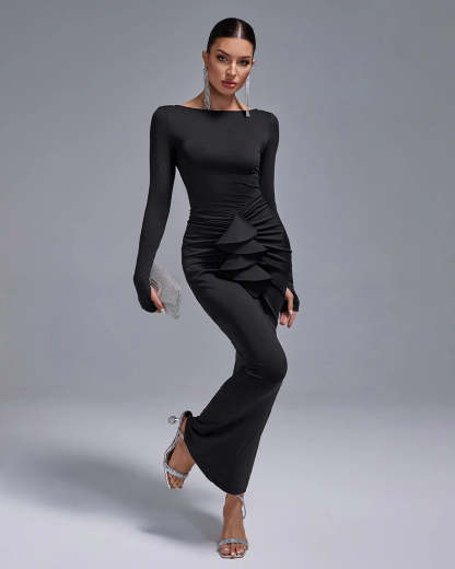Black Long Sleeve Ruched Skirt Round Neck Open Back ruffle Bodycon maxi dress | Mix Mix Style