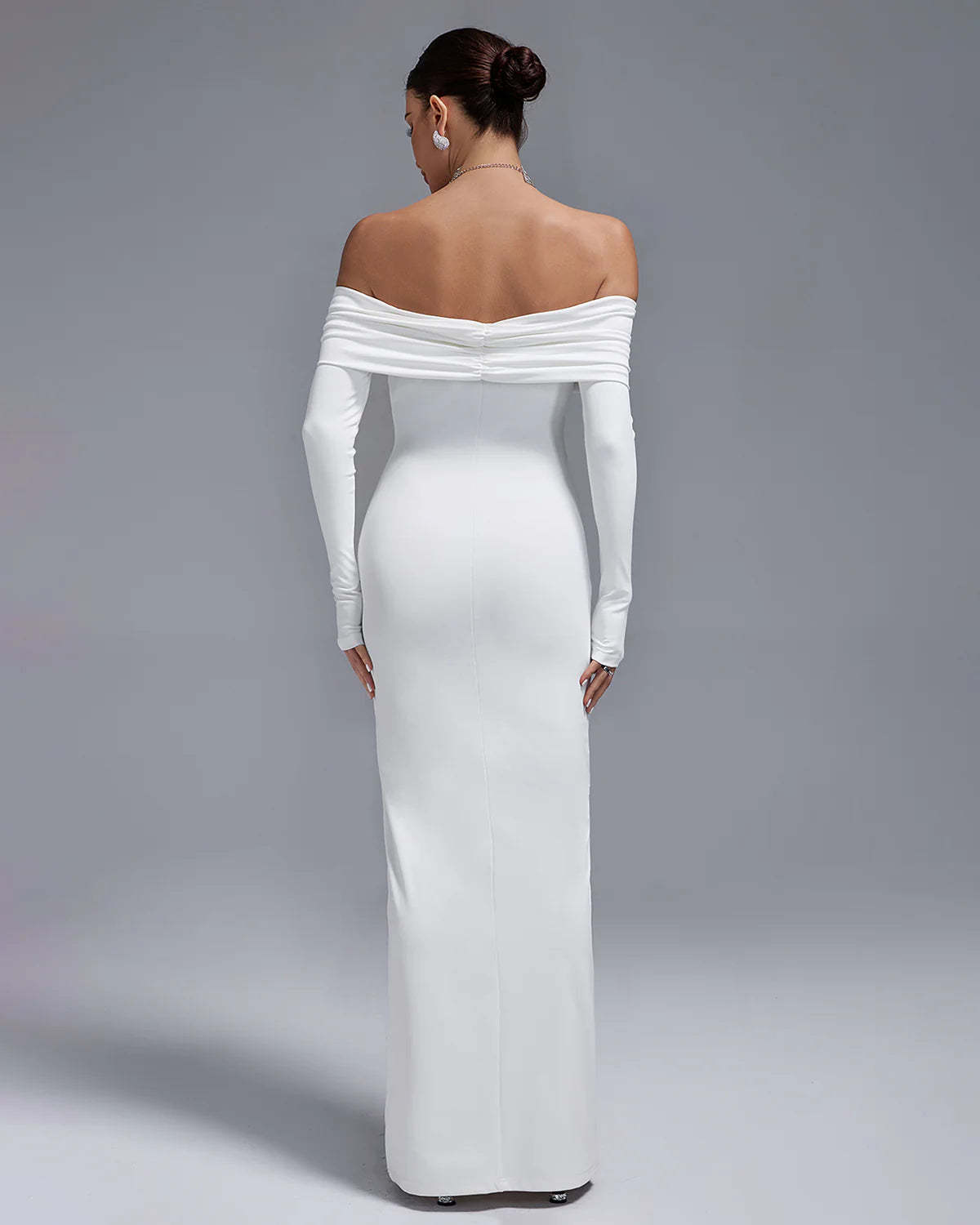 White Off Shoulder long sleeve Ruched Elegant Bodycon Birthday Party Maxi Dress | Mix Mix Style