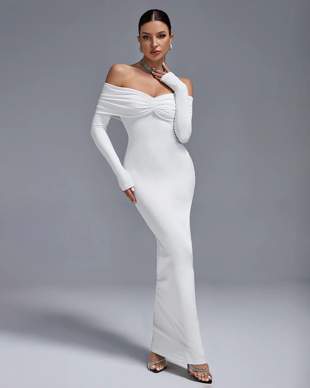 White Off Shoulder long sleeve Ruched Elegant Bodycon Birthday Party Maxi Dress | Mix Mix Style