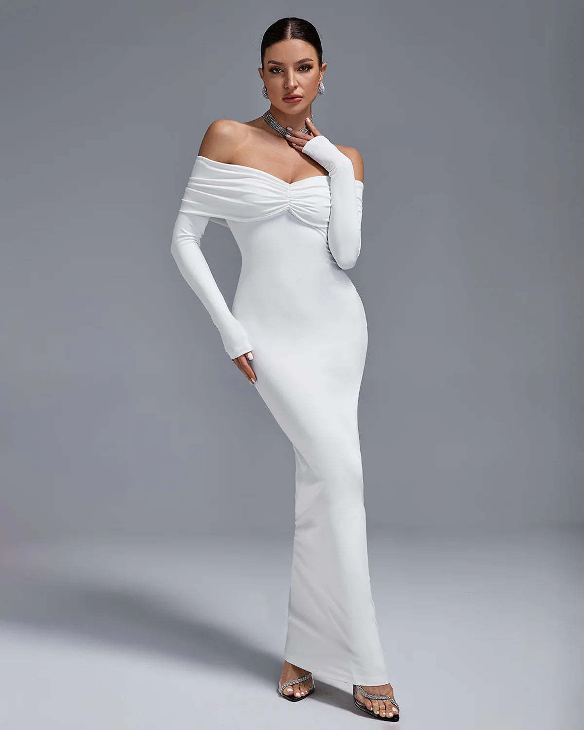 White Off Shoulder long sleeve Ruched Elegant Bodycon Birthday Party Maxi Dress | Mix Mix Style-Mix MIx Style
