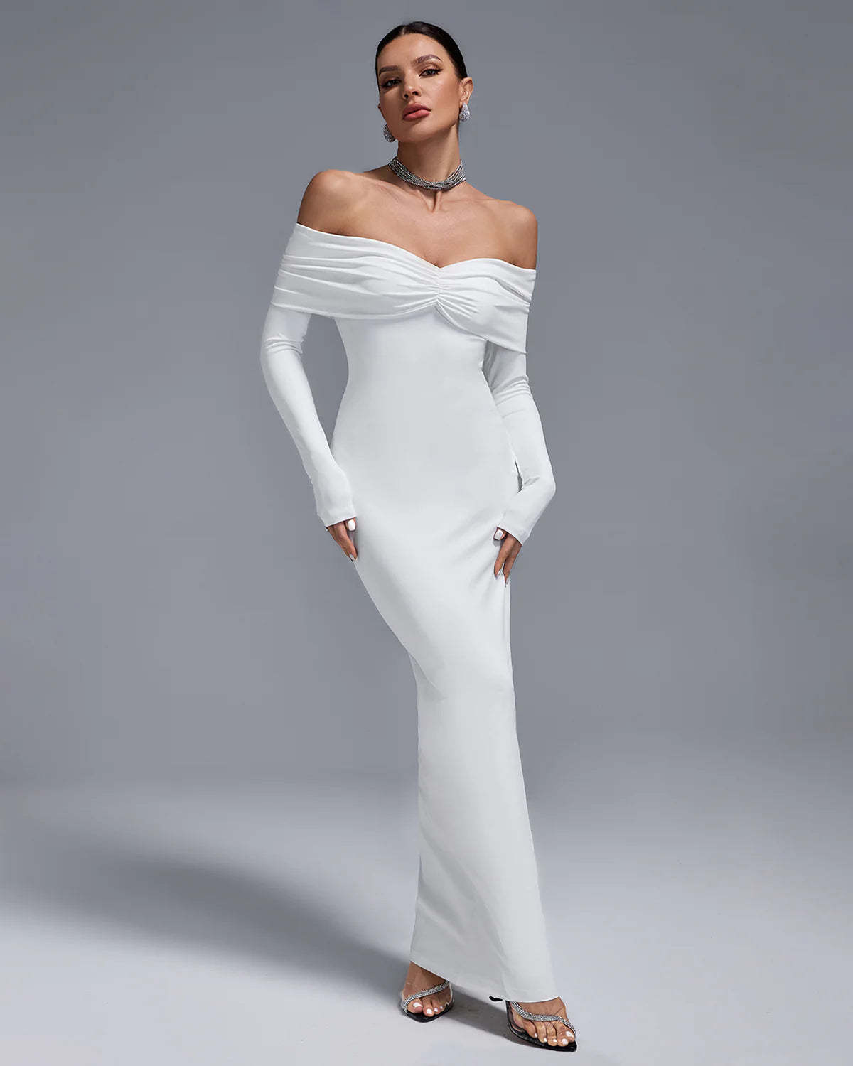White Off Shoulder long sleeve Ruched Elegant Bodycon Birthday Party Maxi Dress | Mix Mix Style