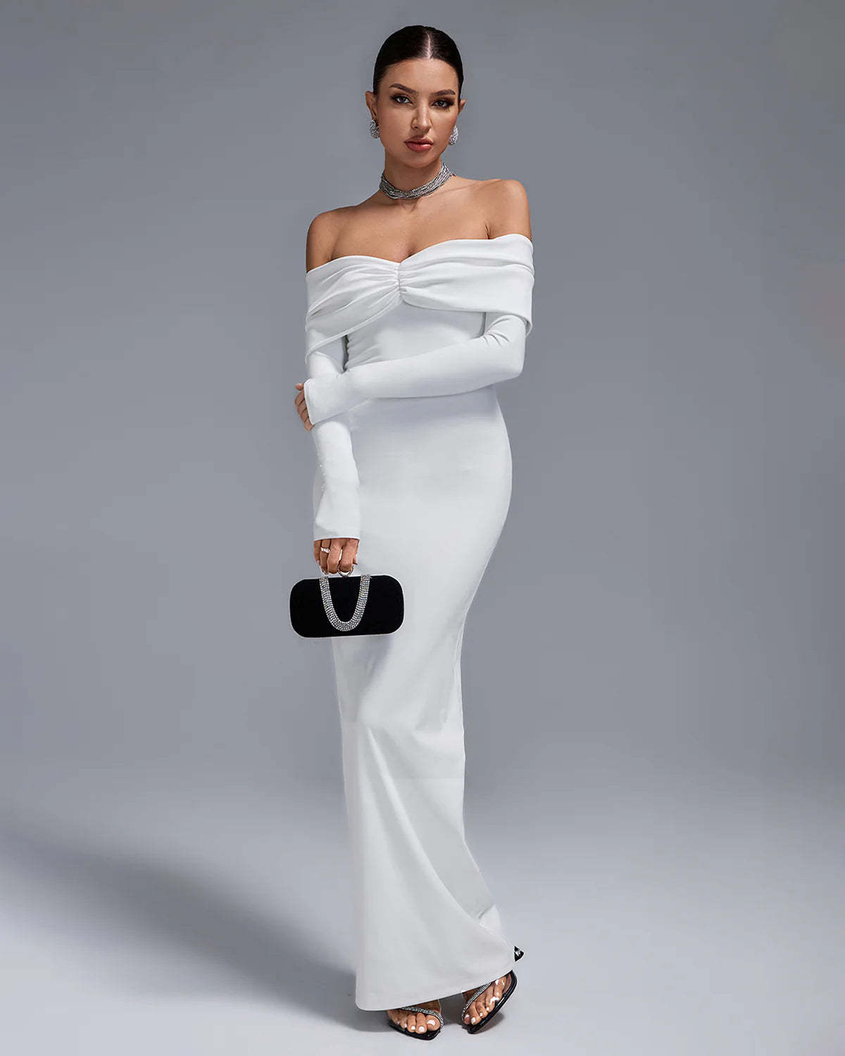 White Off Shoulder long sleeve Ruched Elegant Bodycon Birthday Party Maxi Dress | Mix Mix Style