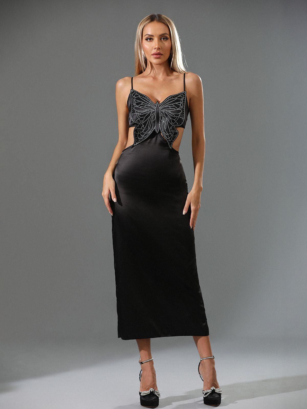 Black Rhinestone Butterfly Cutout Midi Dress | Mix Mix Style [Hot Seller]-Mix MIx Style