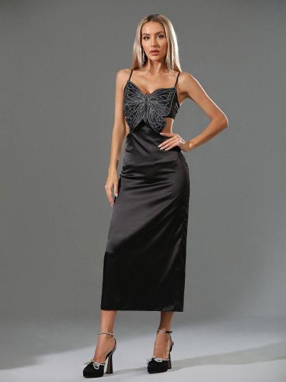 Black Rhinestone Butterfly Cutout Midi Dress | Mix Mix Style [Hot Seller]-Mix MIx Style