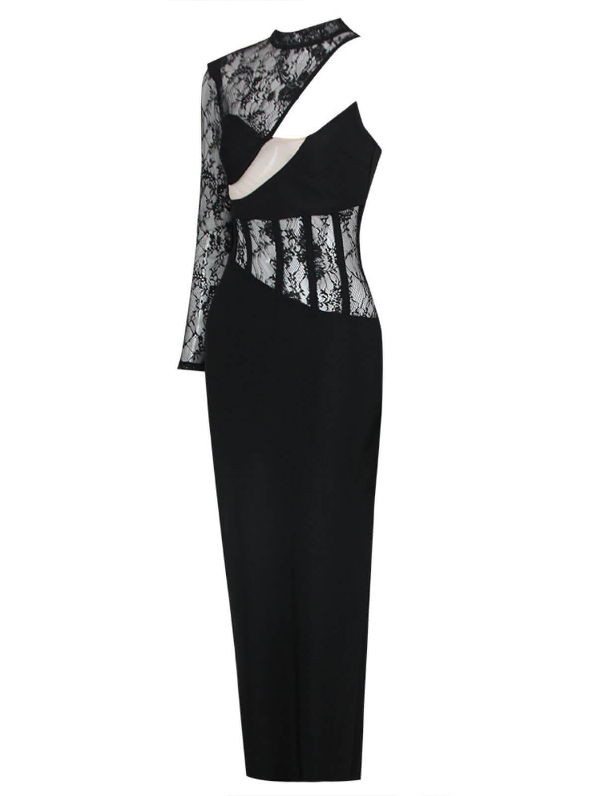 One Shoulder Lace Bandage Maxi Dress in Black | Mix Mix Style [Hot Seller]-Mix MIx Style