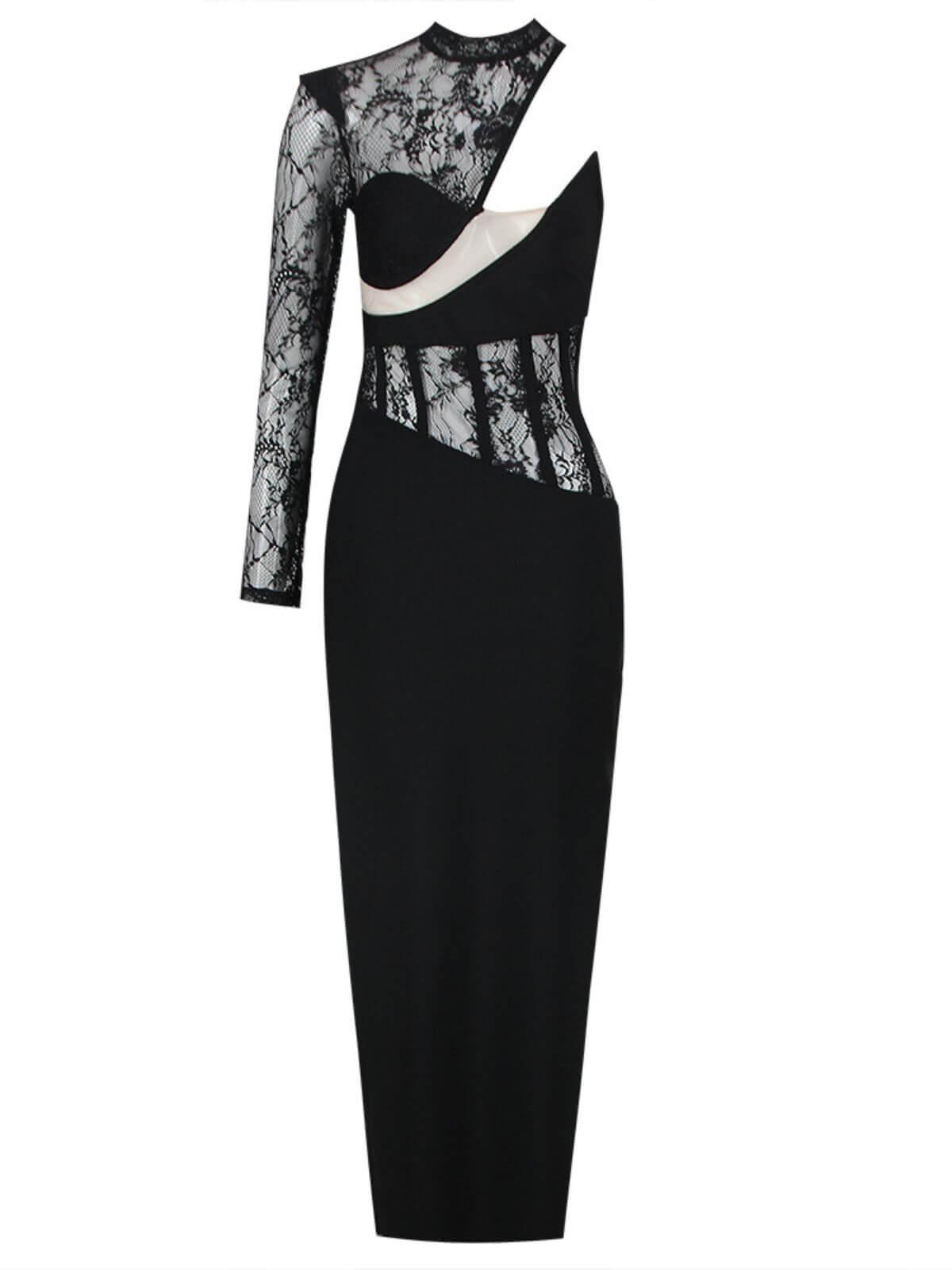 One Shoulder Lace Bandage Maxi Dress in Black | Mix Mix Style [Hot Seller]-Mix MIx Style