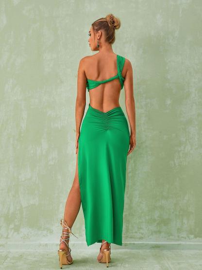 One Shoulder Slit Cutout Maxi Dress In Green | Mix Mix Style [Hot Seller]-Mix MIx Style