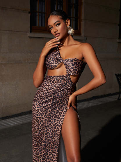 One Shoulder Cutout Maxi Dress In Leopard | Mix Mix Style [Hot Seller]-Mix MIx Style