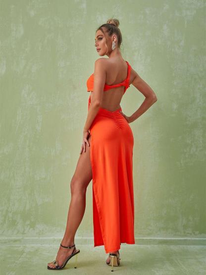 One Shoulder Cutout Maxi Dress In Orange | Mix Mix Style [Hot Seller]-Mix MIx Style