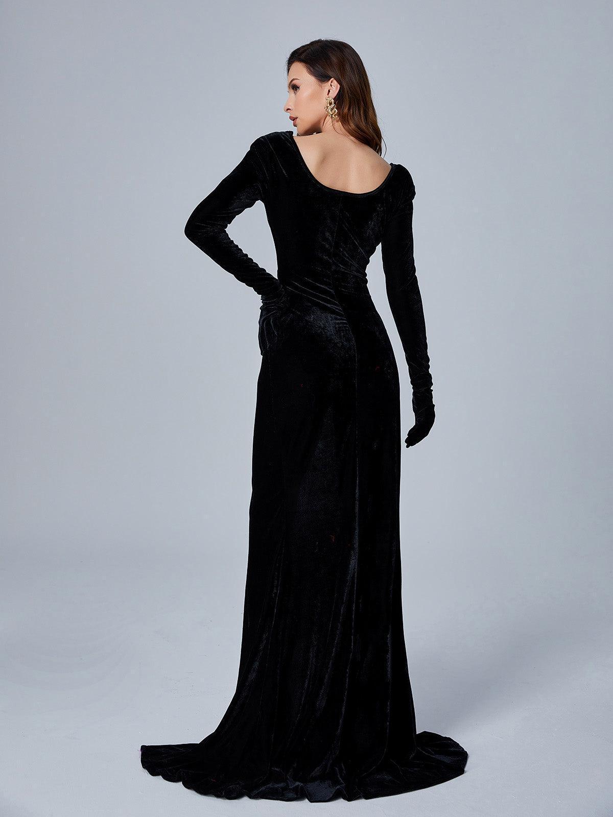 Long Sleeve Gloves Velvet Maxi Dress In Black | Mix Mix Style [Hot Seller]-Mix MIx Style