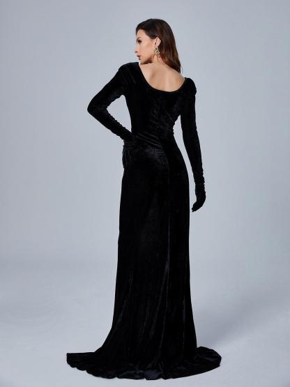 Long Sleeve Gloves Velvet Maxi Dress In Black | Mix Mix Style [Hot Seller]-Mix MIx Style