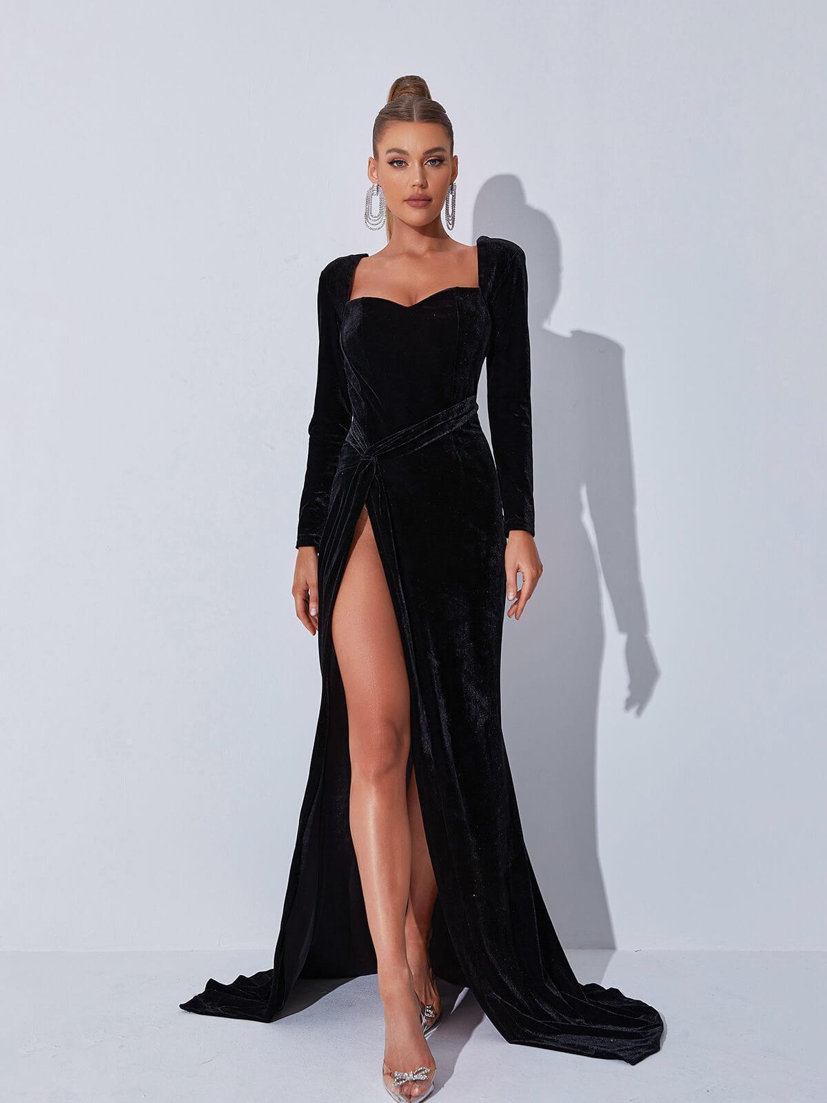 Long Sleeve Gloves Velvet Maxi Dress In Black | Mix Mix Style [Hot Seller]-Mix MIx Style
