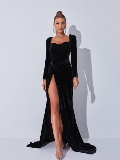 Long Sleeve Gloves Velvet Maxi Dress In Black | Mix Mix Style [Hot Seller]-Mix MIx Style