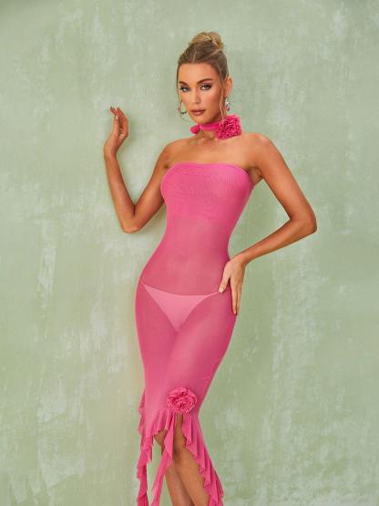 Strapless Ruffle Flower Mesh Dress In Hot Pink | Mix Mix Style [Hot Seller]-Mix MIx Style