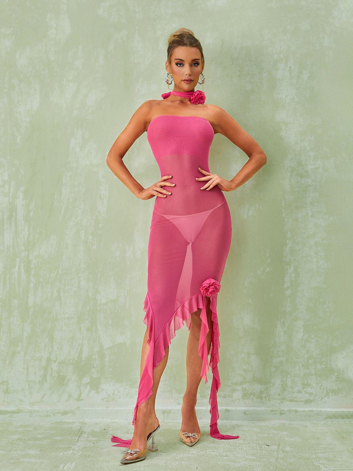 Strapless Ruffle Flower Mesh Dress In Hot Pink | Mix Mix Style [Hot Seller]-Mix MIx Style