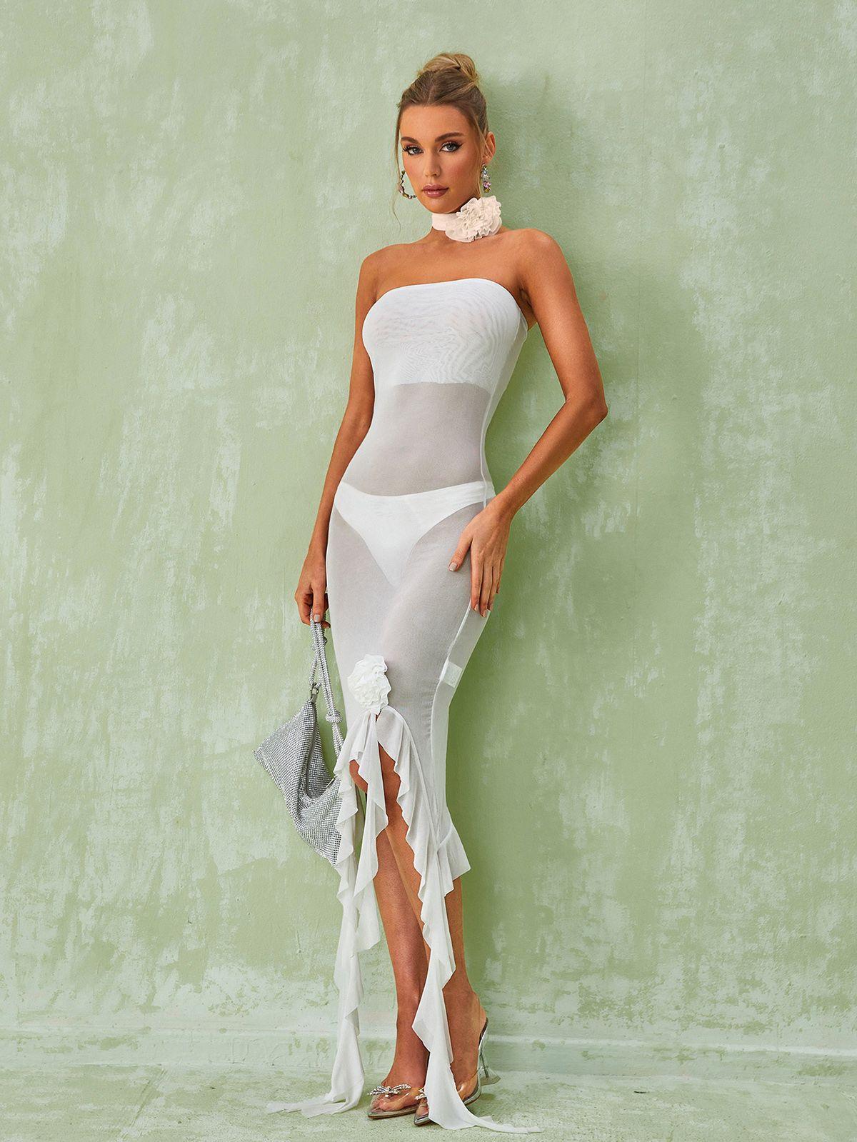Strapless Ruffle Flower Mesh Dress In White | Mix Mix Style [Hot Seller]-Mix MIx Style