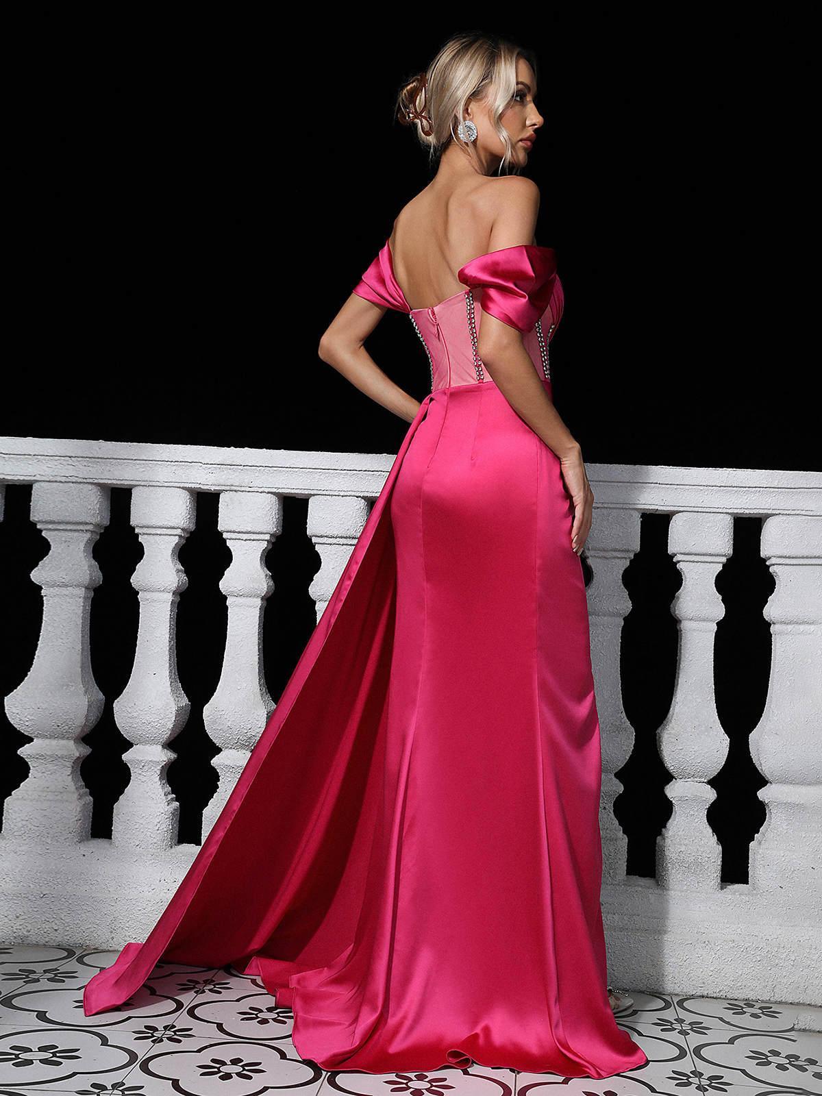 Off Shoulder Satin Maxi Dress in Pink | Mix Mix Style [Hot Seller]-Mix MIx Style