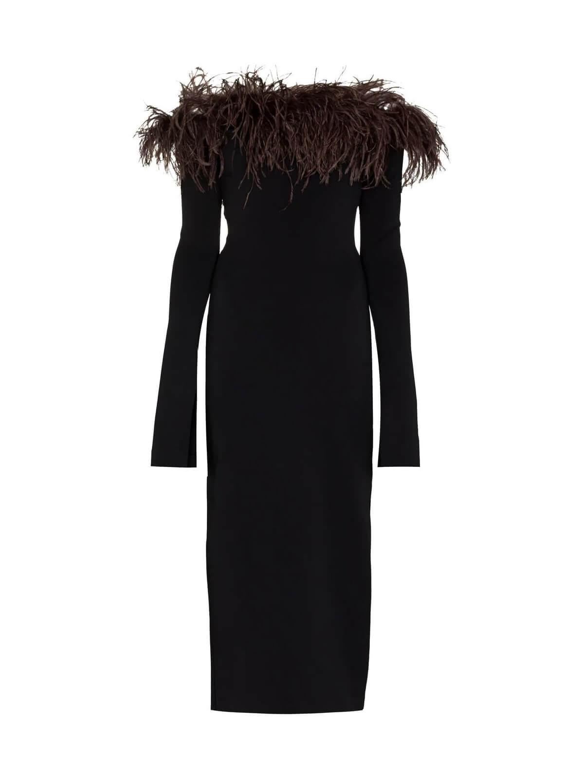 Blanche Off Shoulder Feather Trimmed Midi Dress In Black-Mix MIx Style
