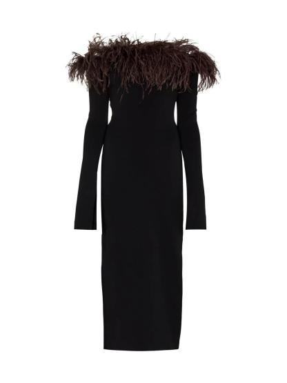 Blanche Off Shoulder Feather Trimmed Midi Dress In Black-Mix MIx Style