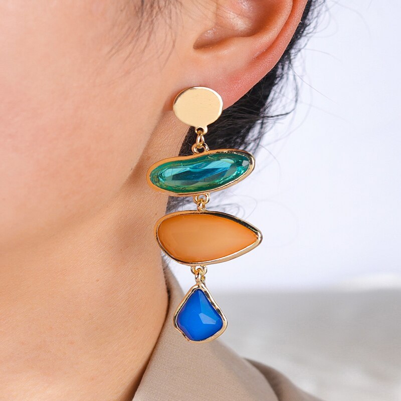 Boho 18k Gold Plated Geometric Drop  Long Stud Earrings - Irregular Blue Earring Jewelry | Mix Mix Style [Hot Seller]-Mix MIx Style