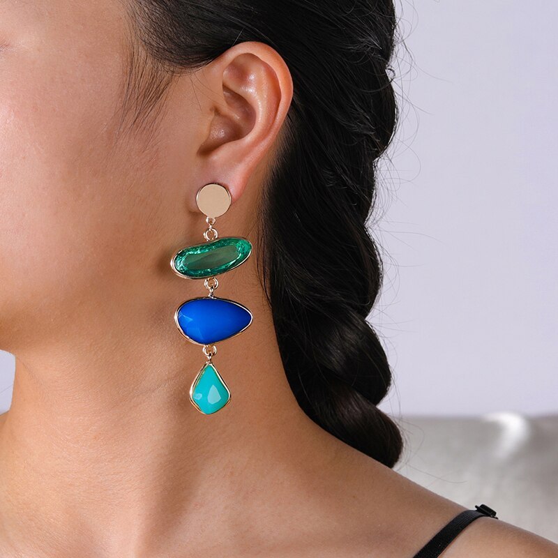 Boho 18k Gold Plated Geometric Drop  Long Stud Earrings - Irregular Blue Earring Jewelry | Mix Mix Style [Hot Seller]-Mix MIx Style