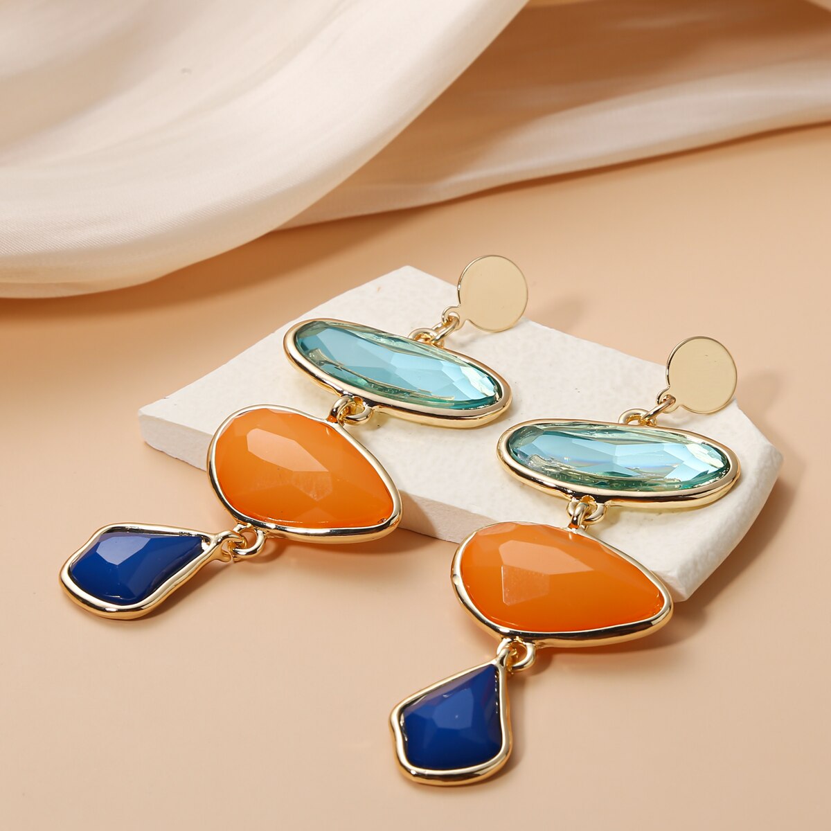 Boho 18k Gold Plated Geometric Drop  Long Stud Earrings - Irregular Blue Earring Jewelry | Mix Mix Style [Hot Seller]-Mix MIx Style