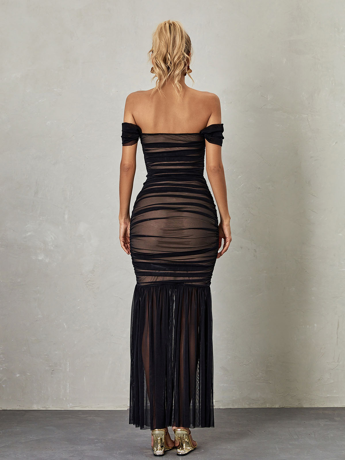 Breigh Off Shoulder Mesh Ruched Maxi Dress-Mix MIx Style