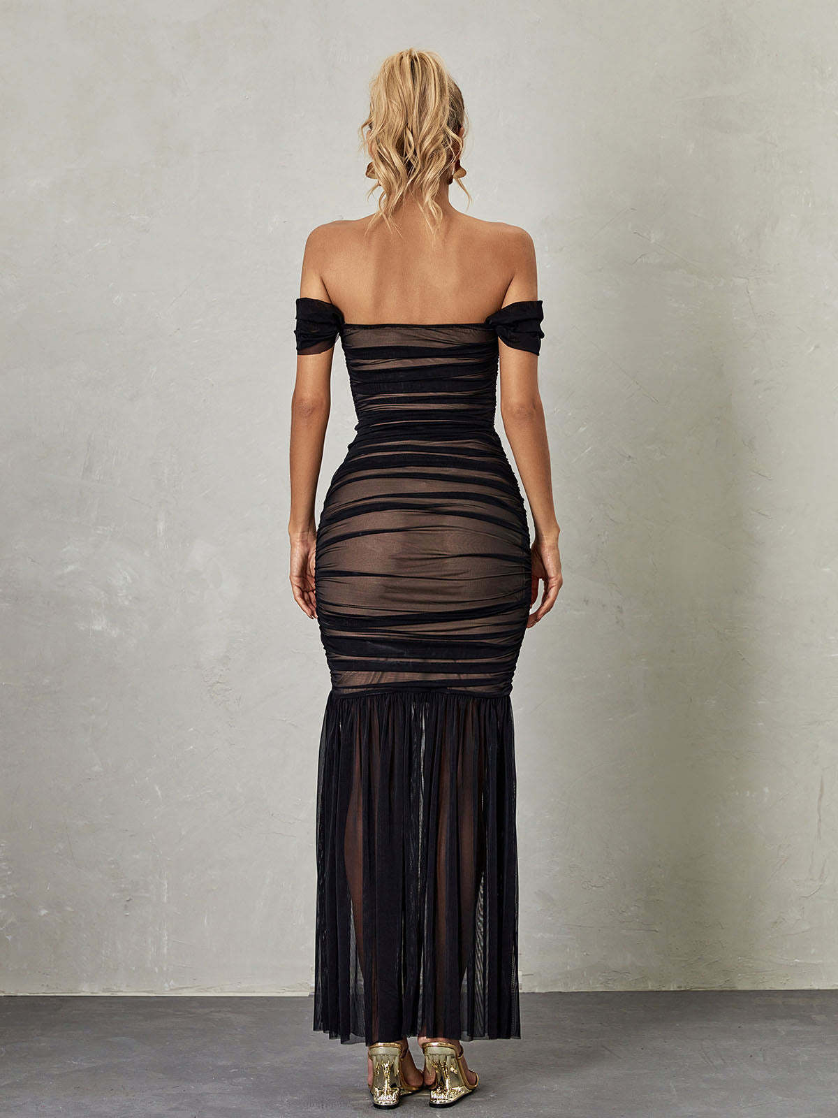 Breigh Off Shoulder Mesh Ruched Maxi Dress-Mix MIx Style