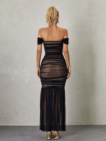 Breigh Off Shoulder Mesh Ruched Maxi Dress-Mix MIx Style
