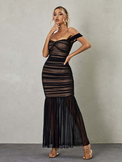 Breigh Off Shoulder Mesh Ruched Maxi Dress-Mix MIx Style