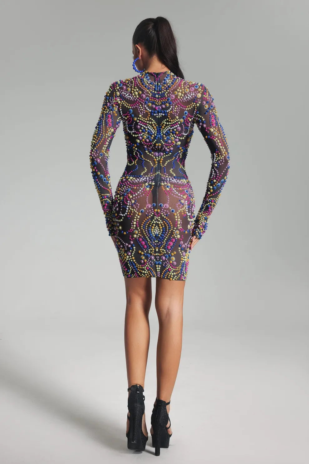 Multicolor long sleeve stand collar Pearl Mesh cocktail party Mini Dress | Mix Mix Style