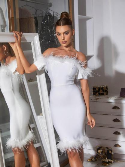 Off Shoulder Feather Trimmed Bandage Dress In White | Mix Mix Style [Hot Seller]-Mix MIx Style