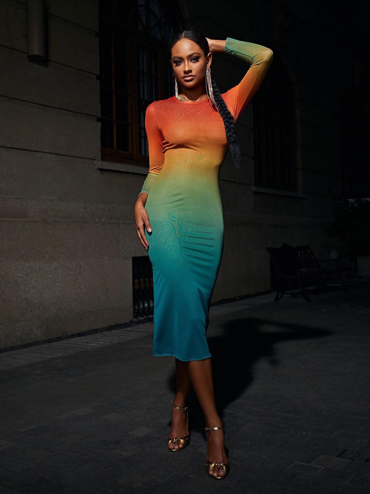 Colorful Ombre Long Sleeve Mesh Midi Dress | Mix Mix Style [Hot Seller]-Mix MIx Style