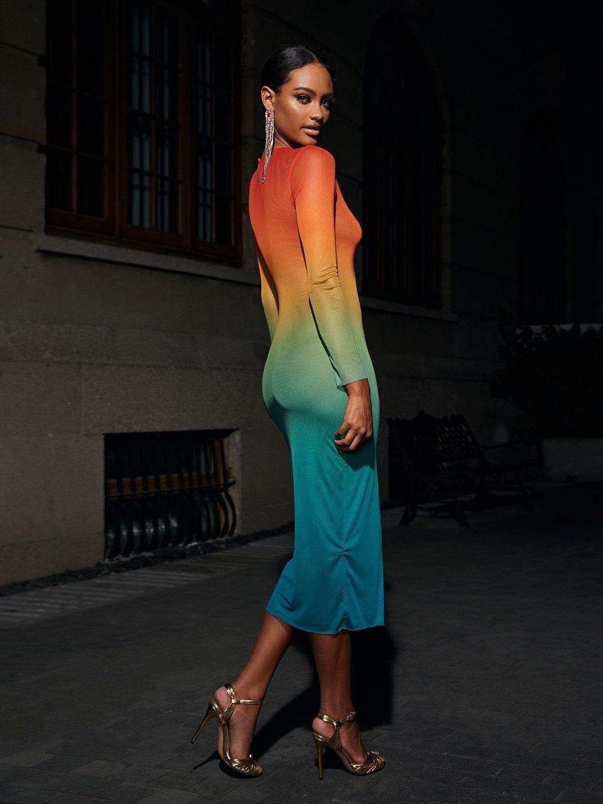 Colorful Ombre Long Sleeve Mesh Midi Dress | Mix Mix Style [Hot Seller]-Mix MIx Style