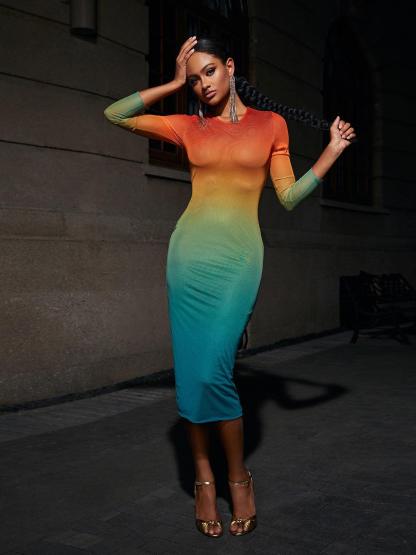 Colorful Ombre Long Sleeve Mesh Midi Dress | Mix Mix Style [Hot Seller]-Mix MIx Style