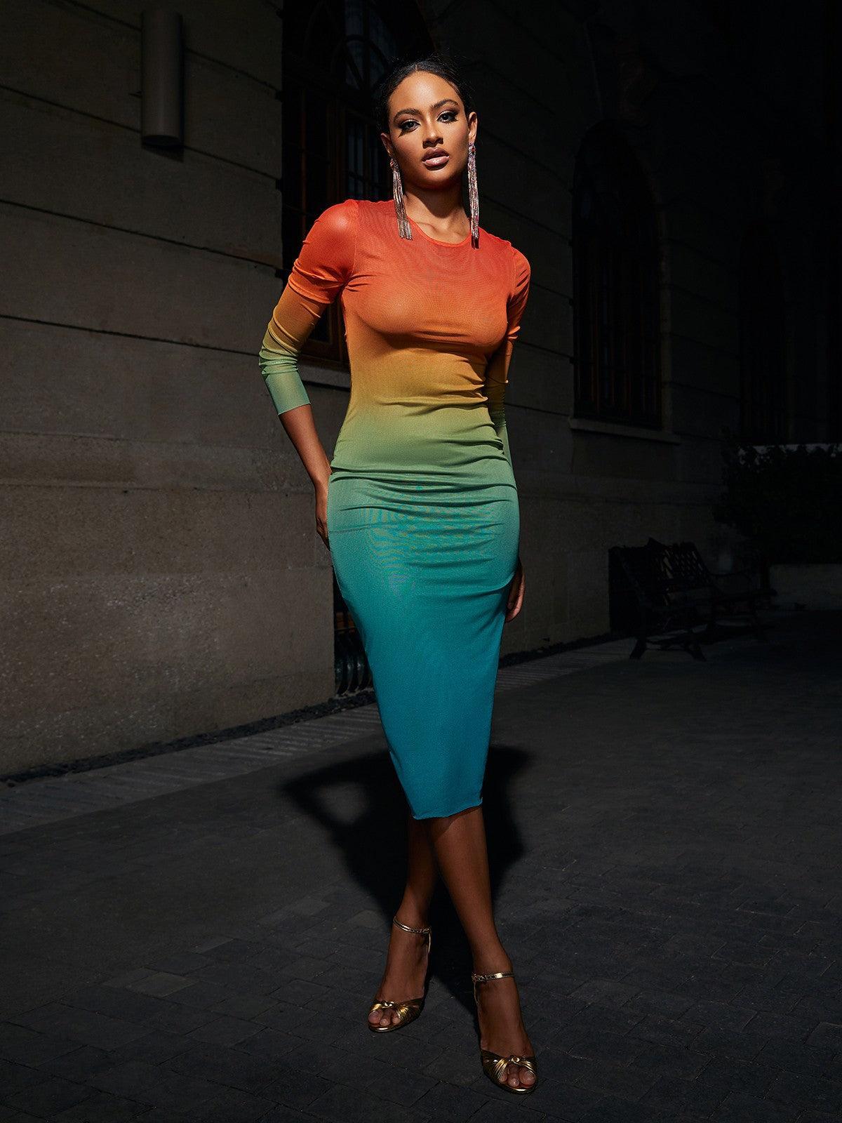 Colorful Ombre Long Sleeve Mesh Midi Dress | Mix Mix Style [Hot Seller]-Mix MIx Style